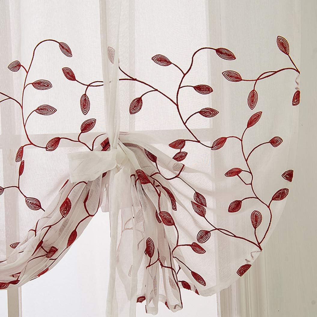 Exquisite Leaf Embroidered Balloon Shades - Rod Pocket Tie-Up Sheer Curtains for Living Room, Kitchen, Bedroom & Dining Room Window Decoration