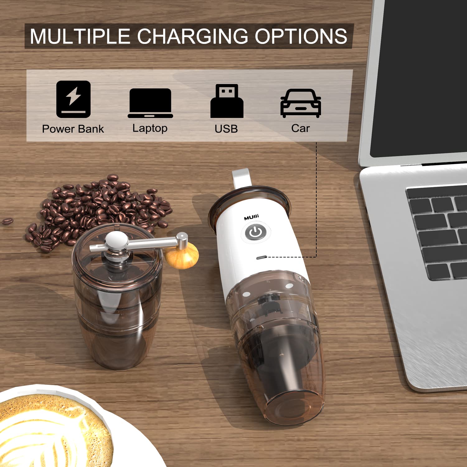 Premium Portable Burr Coffee Grinder - Electric & Manual 2-in-1, Adjustable Burr Mill with 5 Precise Settings for Espresso, Drip, Pour Over & French Press - Perfect for Home, Office & Travel Coffee Brewing