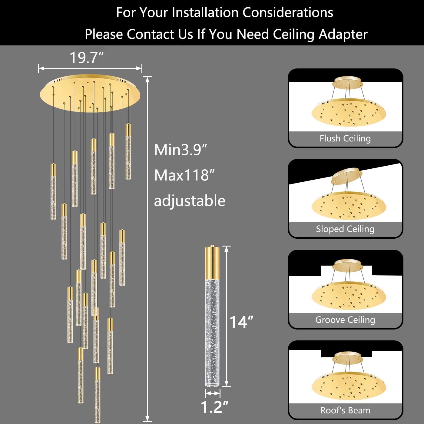 18-Light Modern Crystal Chandelier LED Dimmable Flush Mount Ceiling Light Fixture with Remote - Raindrop Bubble Crystal Pendant for Living Room, Foyer, Dining Room & Bedroom Lighting