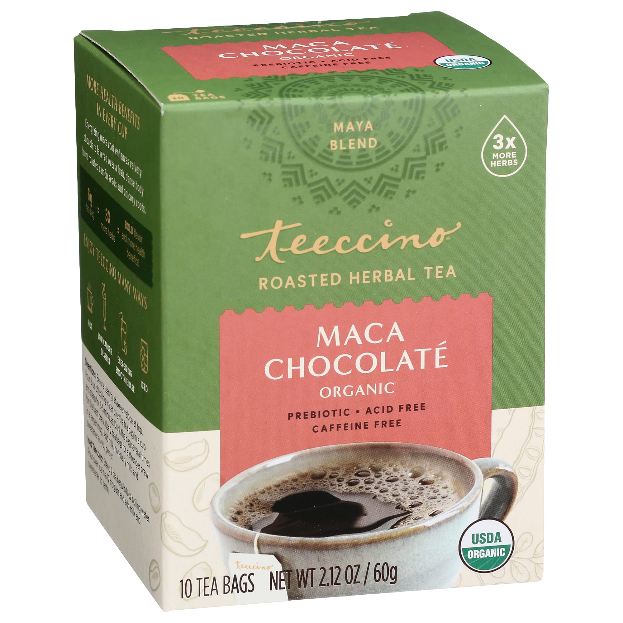 Organic Maca Chocolaté Herbal Tea - Caffeine-Free, Prebiotic, Adaptogenic Peruvian Maca for Natural Energy | Rich Roasted Flavor | 10 Tea Bags | Perfect for Relaxation, Morning Boost & Digestive Health