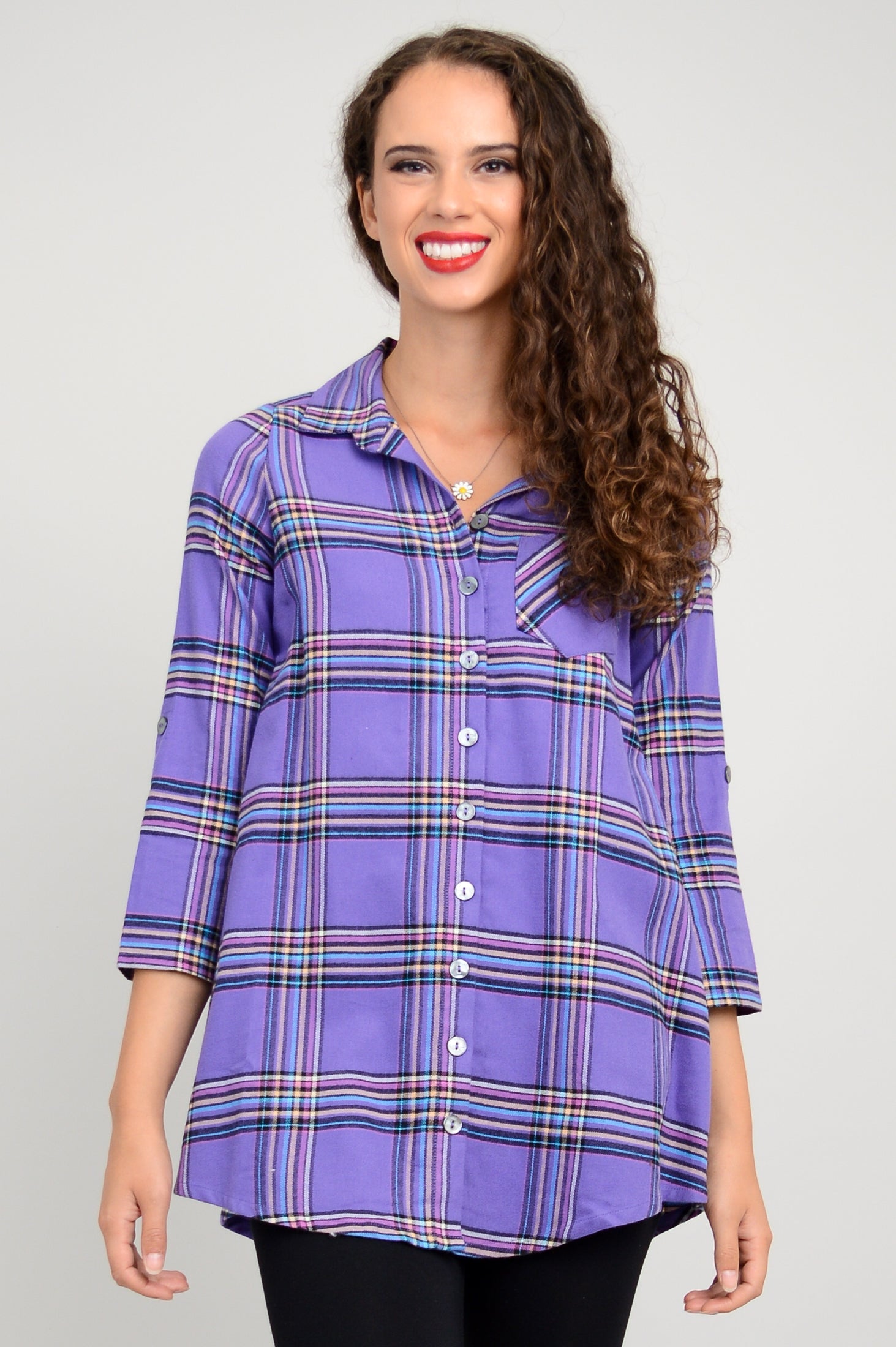 Celine Tunic Top - Violet Plaid Cotton Flannel Shirt for Women | Fall Winter Fashion | Office Casual & Weekend Outfit
