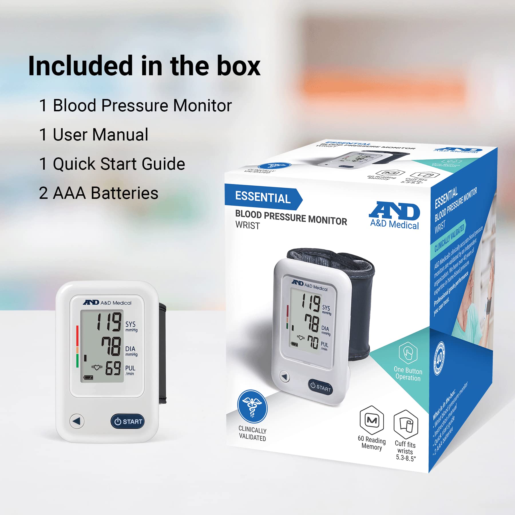 A&D Medical Essential One Button Wrist Blood Pressure Monitor - Easy Digital LCD Display, Portable Home BP Machine for Adults (5.3-8.5