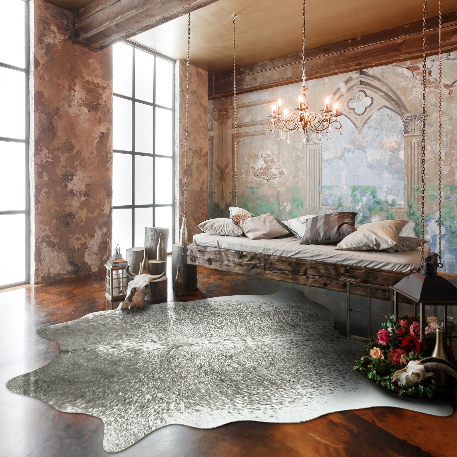 Premium Faux Cowhide Rug 6.2x7 Feet - Soft Grey Cow Print Faux Fur Rug for Living Room, Bedroom & Western Decor | Stylish Home Accent for Farmhouse, Ranch & Boho Interiors