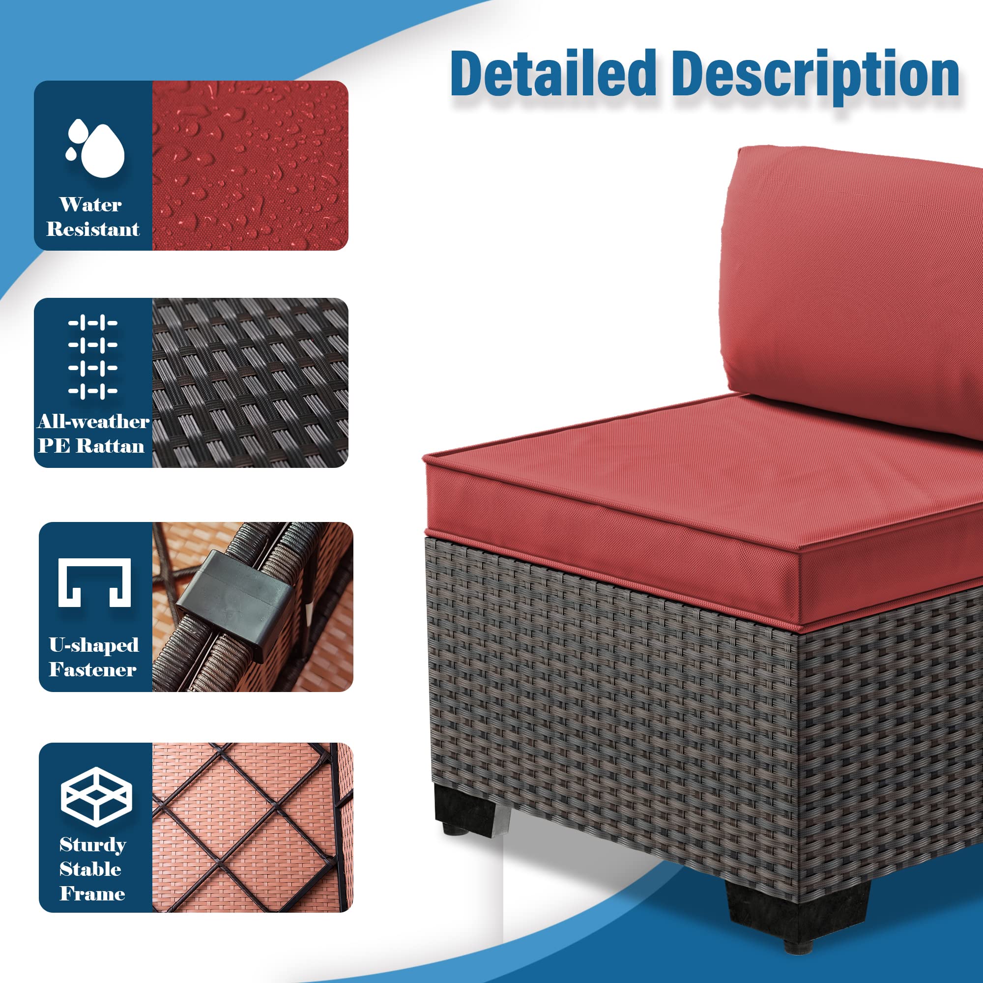Gotland 7-Piece Outdoor Patio Furniture Set - All-Weather PE Rattan Sectional Sofa with Replaceable Red Waterproof Cushions & Coffee Table - Perfect for Garden, Backyard, Poolside & Balcony Relaxation