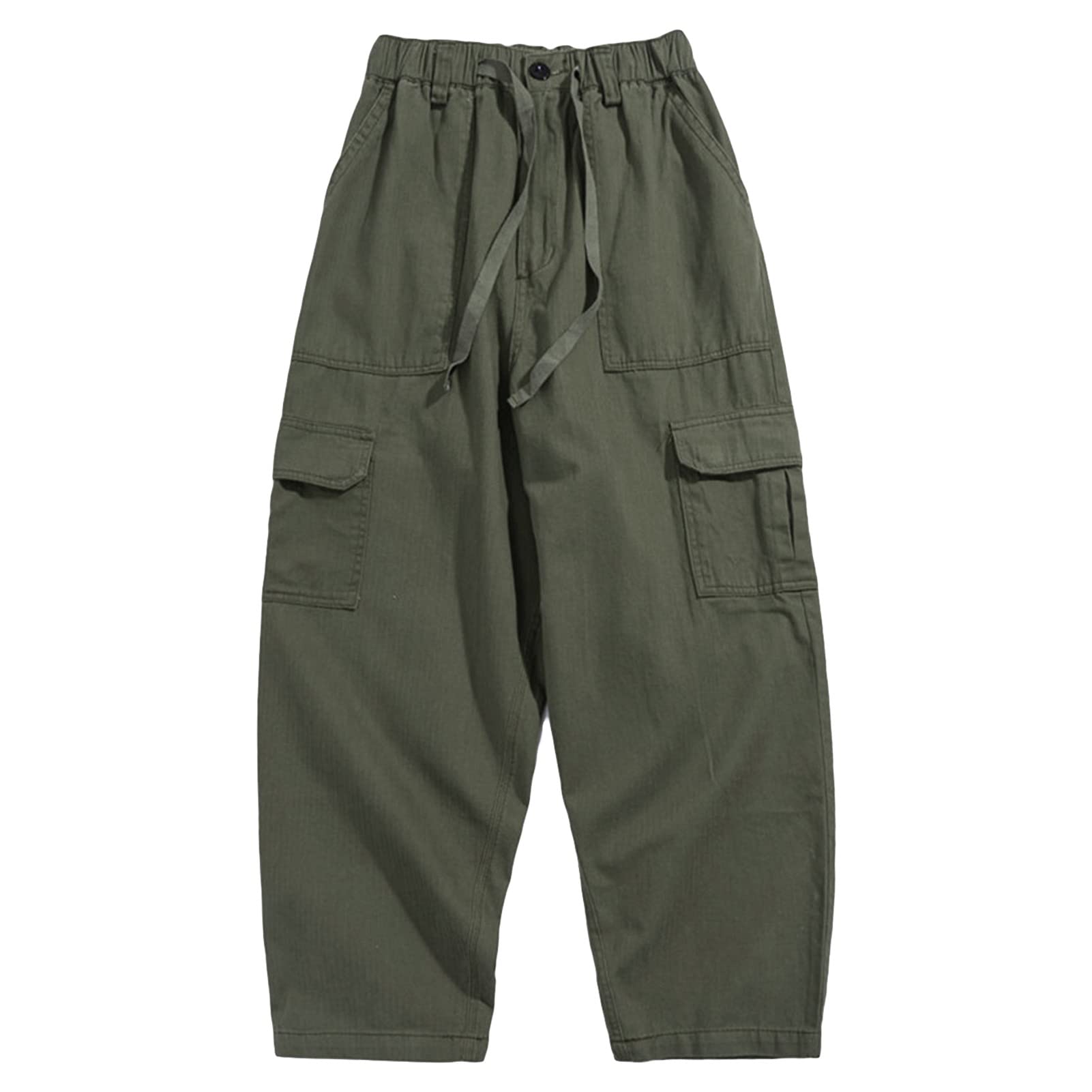 Men's Casual Drawstring Cargo Pants - Relaxed Fit Elastic Waist Multi-Pocket Loose Open Bottom Trousers for Outdoor Hiking, Work & Streetwear Fashion
