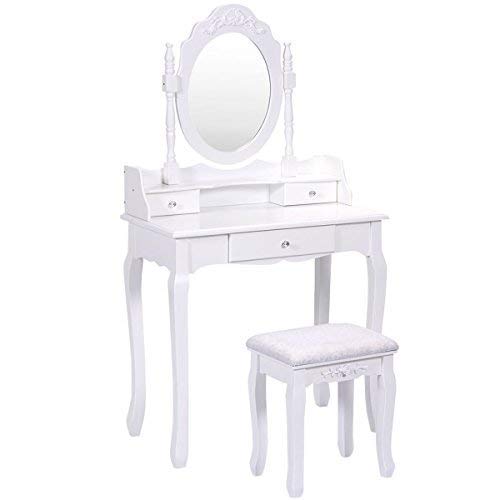 Modern Wood Vanity Table Set with Mirror & Stool - Oval Mirrored Dressing Table with Cushioned Bench, Removable Writing Desk for Bedroom, Girls Room Decor (White) | Perfect for Makeup, Skincare & Study Space