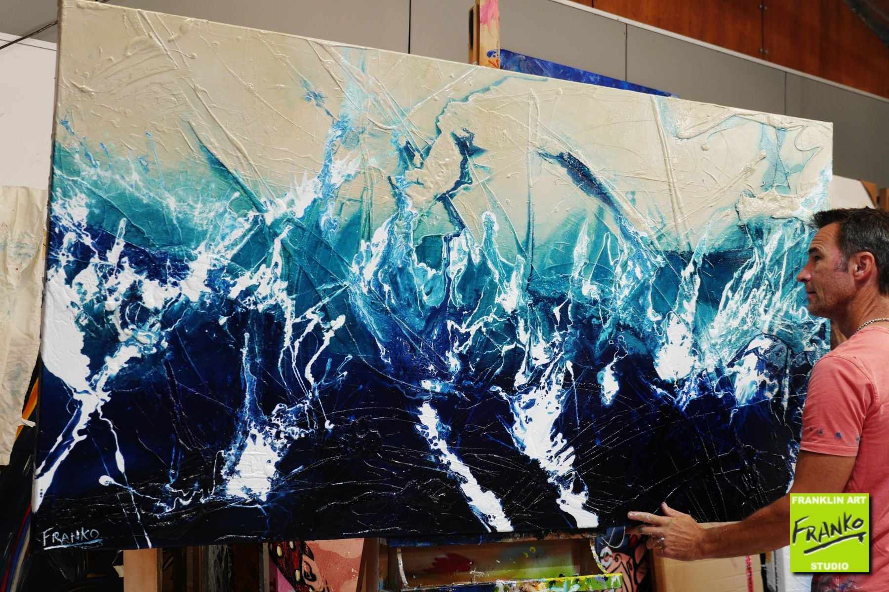 Blue Drift 190cm x 100cm White Cream Blue Textured Abstract Canvas Art - Modern Wall Decor for Living Room, Bedroom & Office