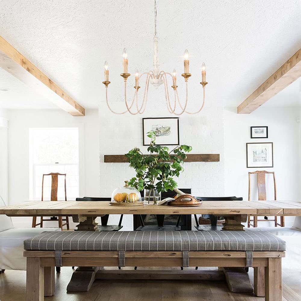 Farmhouse Chandelier - 6-Light French Country Wood Ceiling Light Fixture in Distressed White Finish, 30.5” Diameter x 25.5” Height - Perfect for Dining Room, Living Room, Kitchen Island or Entryway Lighting