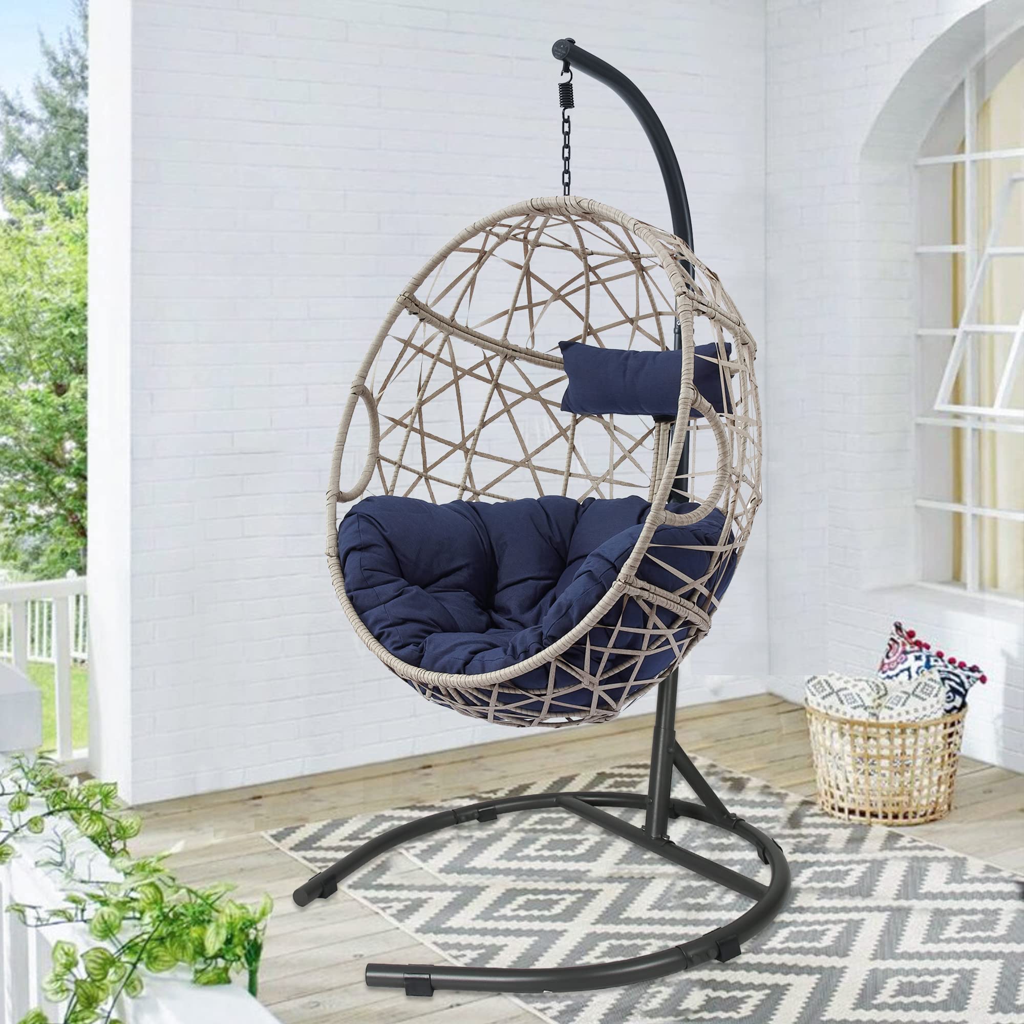 Ulax Outdoor Egg Chair Swing with Stand - Wicker Tear Drop Hammock Chair with Cushion (Navy) - Perfect for Patio, Garden, Backyard & Poolside Relaxation