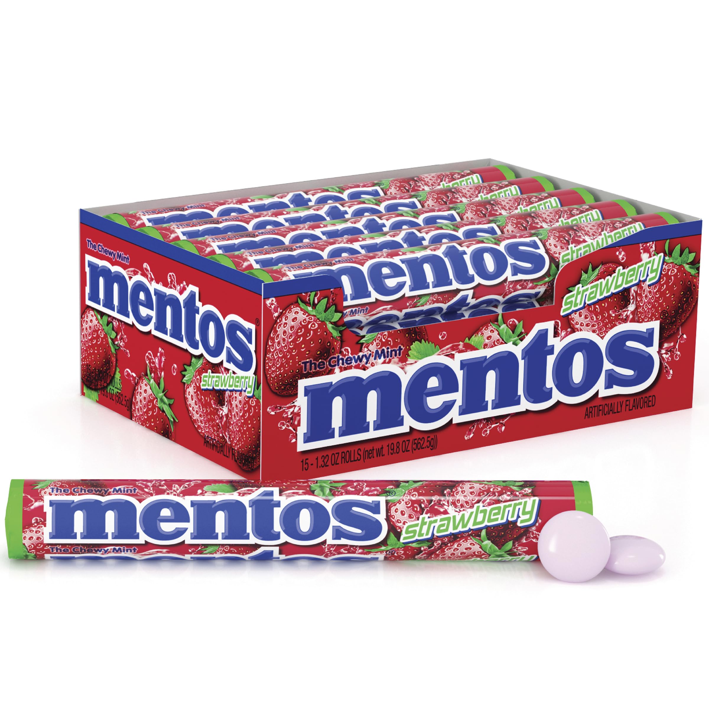 Mentos Chewy Mint Candy Roll - Strawberry Flavor, Non-Melting, 14 Count (Pack of 15) - Perfect for Parties, Office Snacks & On-the-Go Treats