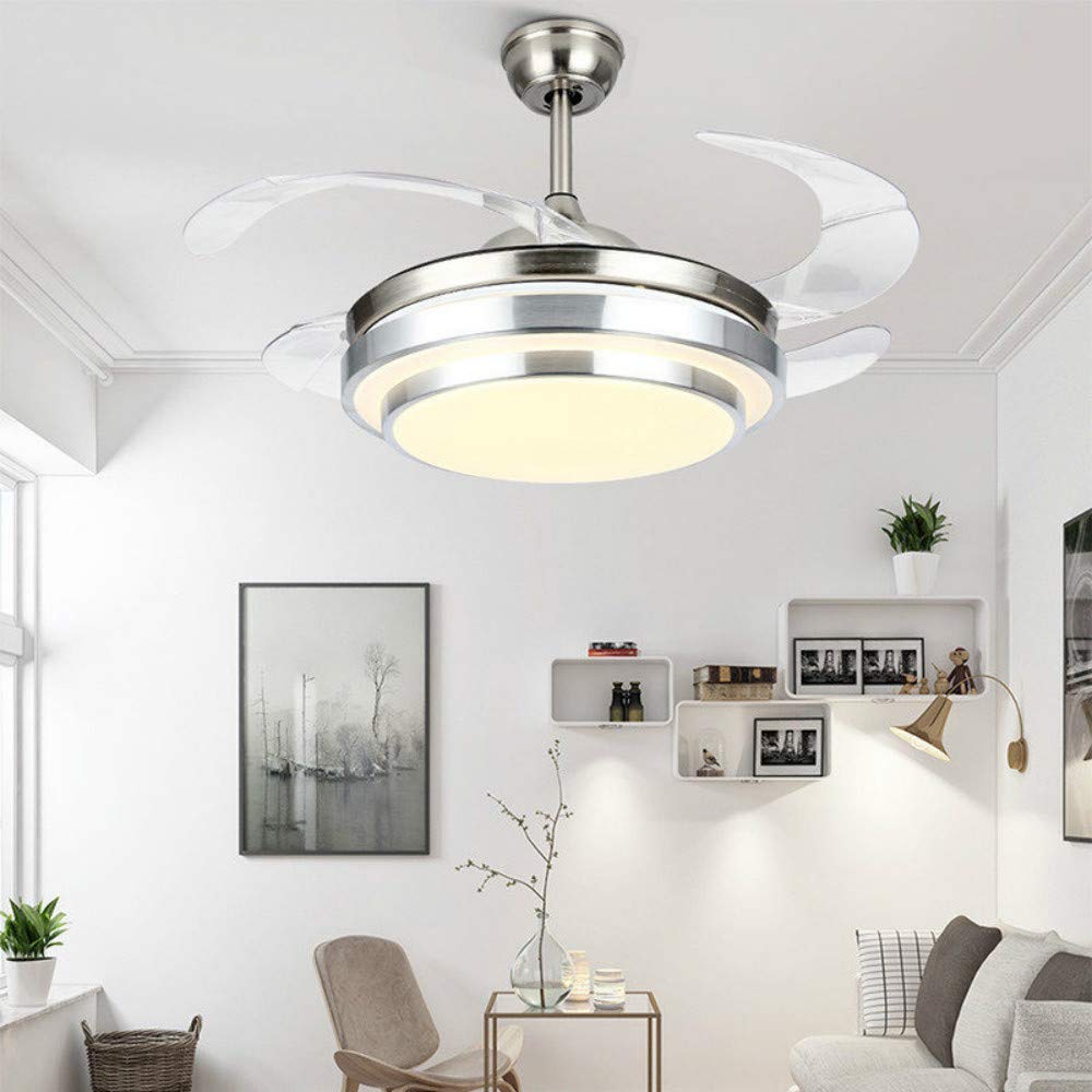 42 Inch Invisible Ceiling Fan with Remote Control - 3 Color Changing LED Lights, Retractable Blades, Reversible Motor - Modern Fandelier for Living Room, Bedroom, Dining Room - Energy Efficient Indoor Cooling & Lighting Solution (Chrome)