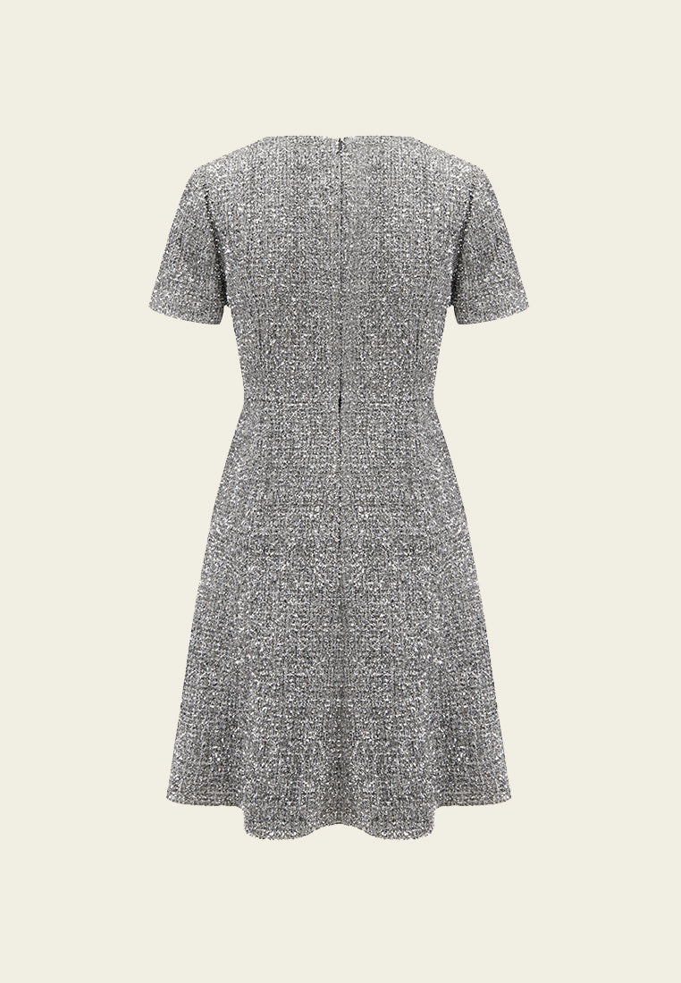 Elegant Silver Lurex Tweed Midi Dress for Women - Perfect for Cocktail Parties, Holiday Events & Special Occasions