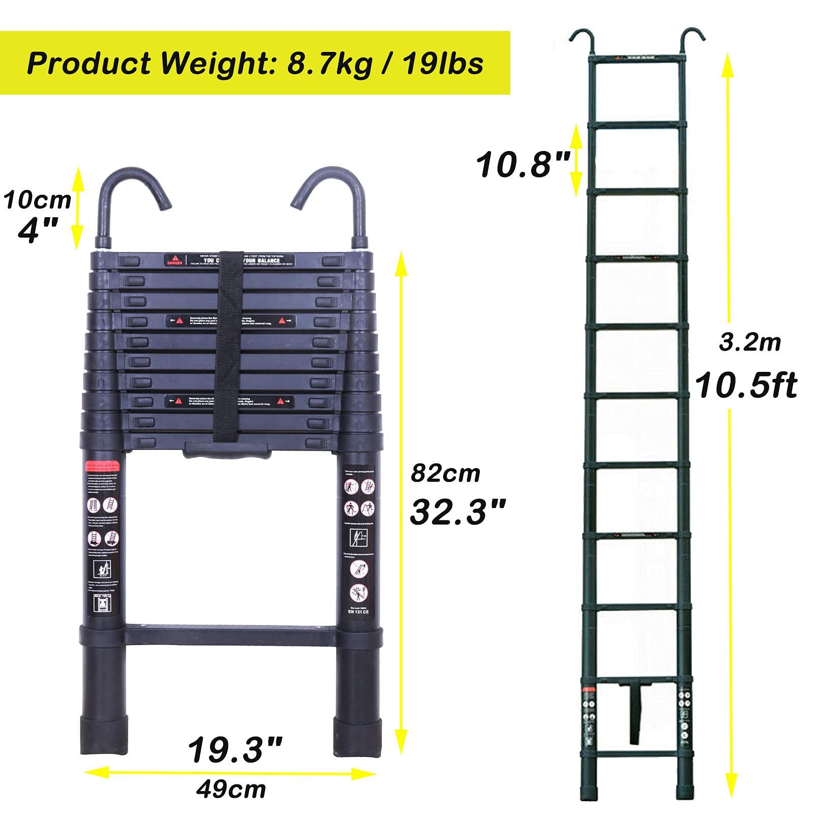 10.5FT Aluminum Telescoping Extension Ladder - Heavy Duty 330lb Capacity, Portable Folding Ladder with Detachable Hooks & Anti-Slip Rubber Feet (EN131 Certified) - Perfect for Home Repairs, Roofing, Painting and Construction Work