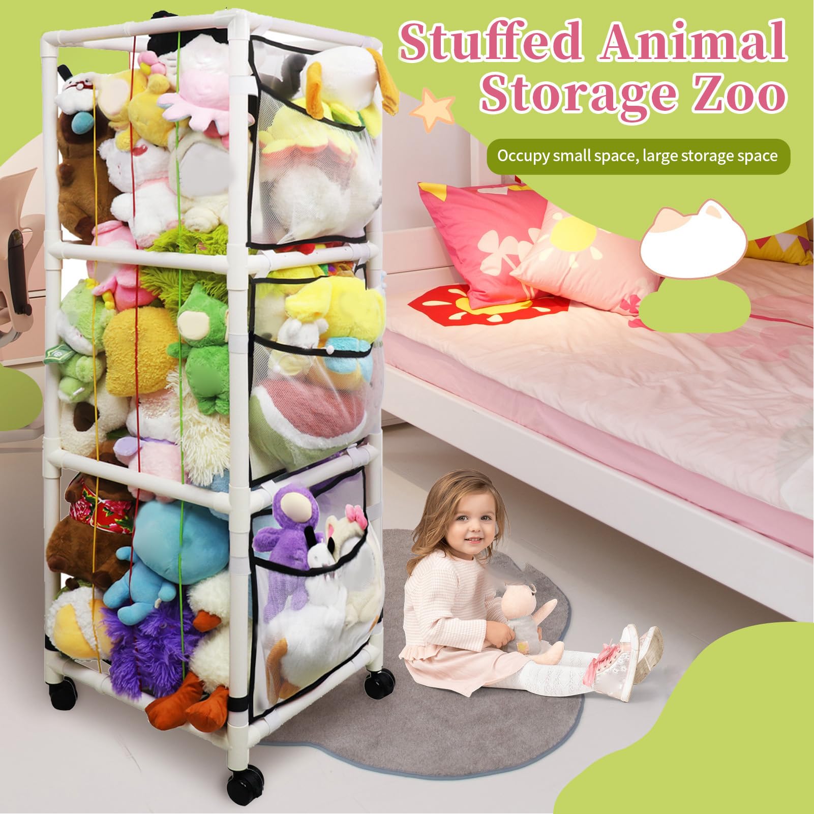 Soft Plush Animal Storage Organizer with Metal Frame, Elastic Bands & Wheels - Stuffed Toy Holder for Nursery, Playroom & Bedroom Decor - Perfect for Kids' Room Organization & Toy Storage Solutions