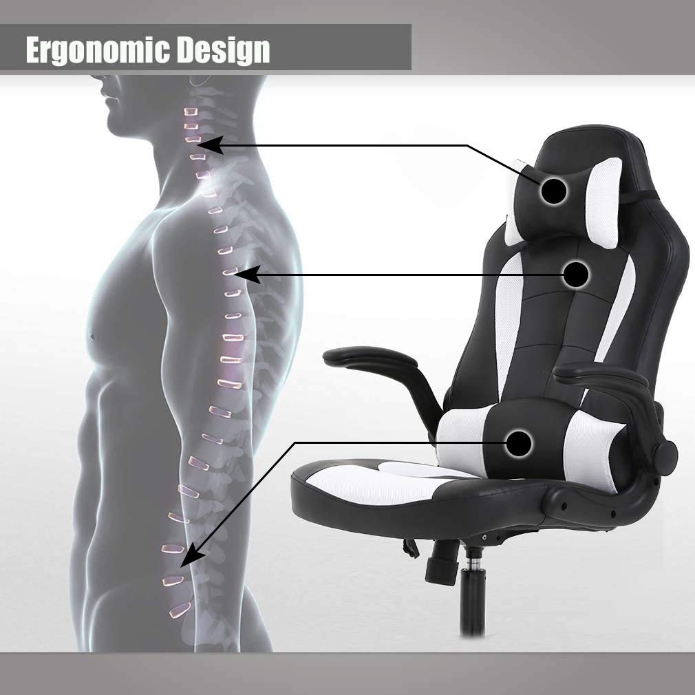 Premium Gaming Chair - Ergonomic Racing Style High Back Office Chair with Lumbar Support & Headrest, PU Leather Executive Swivel Computer Desk Chair for Home & Work (White) - Perfect for Gamers, Streamers & Remote Workers