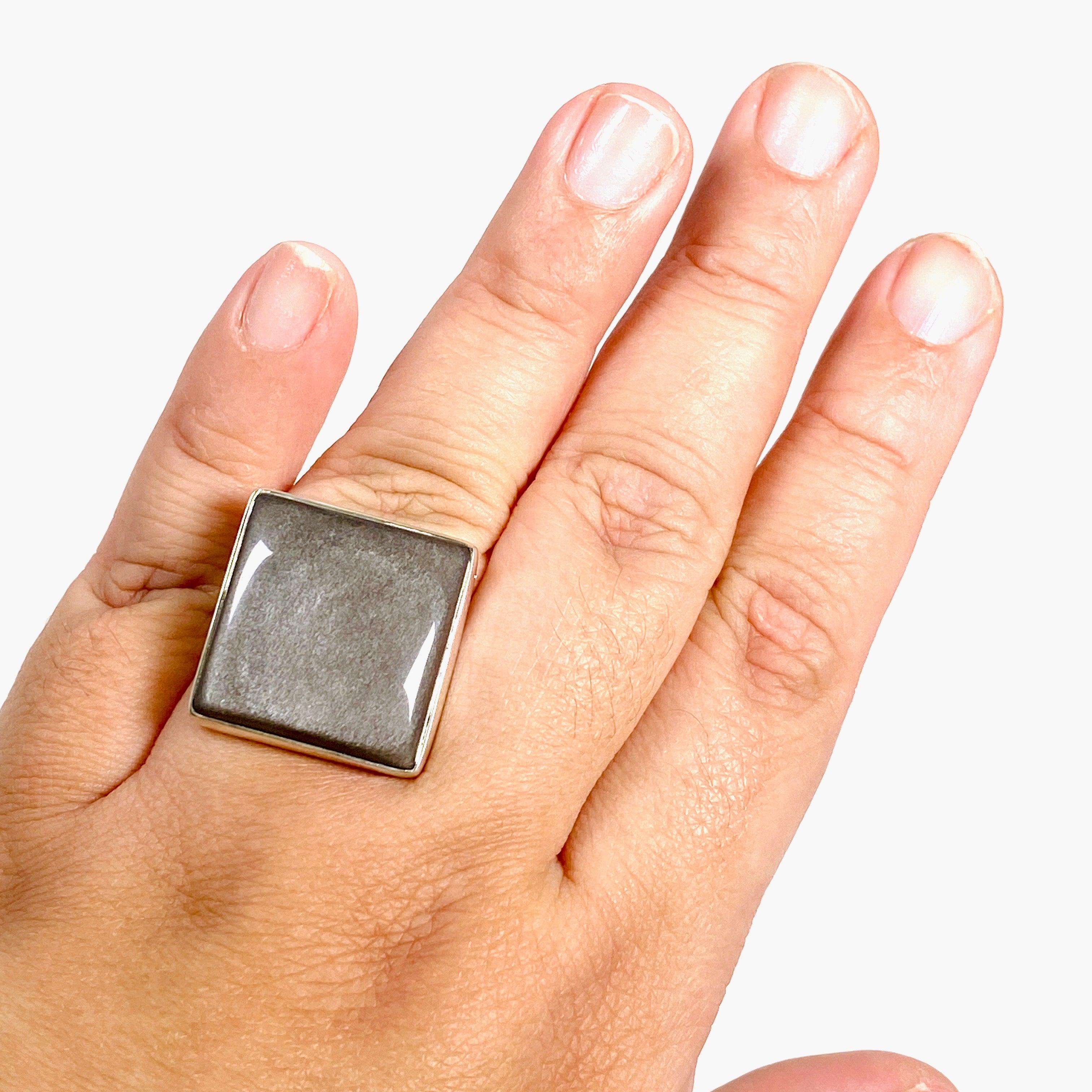 Silver Sheen Obsidian Square Ring Size 11 - KRGJ2921 | Handmade Sterling Silver Jewelry for Men & Women | Perfect for Gifts, Weddings & Special Occasions