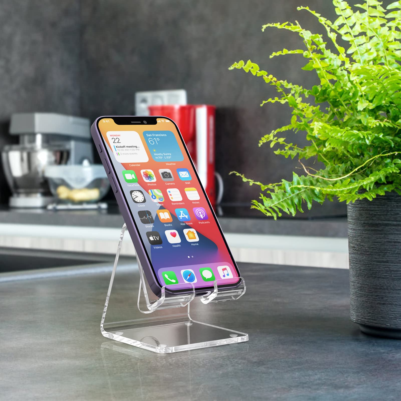 KTRIO 2 Pack Clear Acrylic Phone Stand Holder for Desk - Universal Smartphone Dock Compatible with iPhone 16/15/14/13 Pro Max 12/11 XR & All Phones - Perfect for Office, Home, Watching Videos & Hands-Free Calling