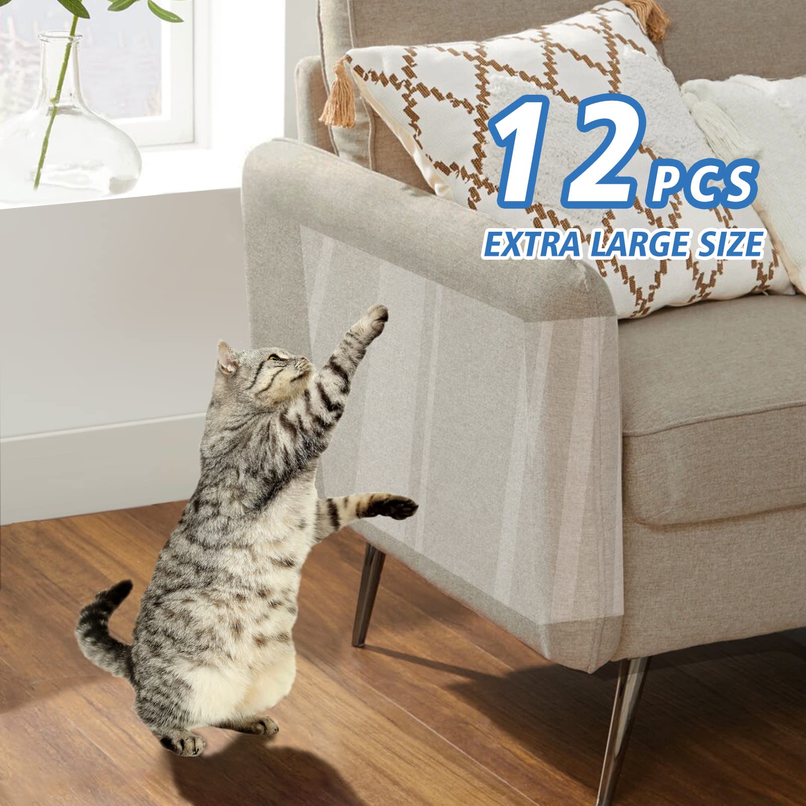 12-Pack Extra Large Cat Scratch Furniture Protectors - Double-Sided Sticky Tape for Sofa, Couch & Corners | Anti-Scratching Training Deterrent for Cats | Perfect for Pet Owners to Protect Leather & Fabric Furniture