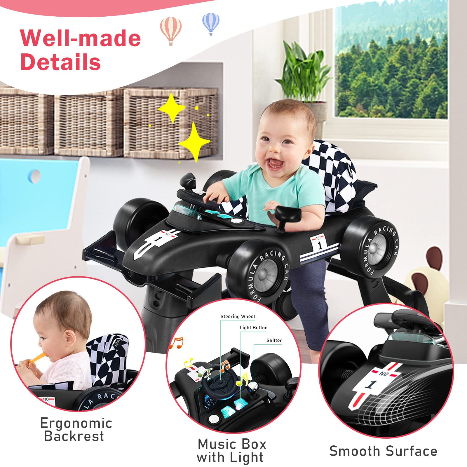 BABY JOY 4-in-1 Foldable Baby Walker with Adjustable Height & Speed - Musical Light-Up Activity Walker with Anti-Rollover Wheels for Toddlers 6-18 Months (Black) | Perfect for Learning to Walk, Indoor Play & Early Development