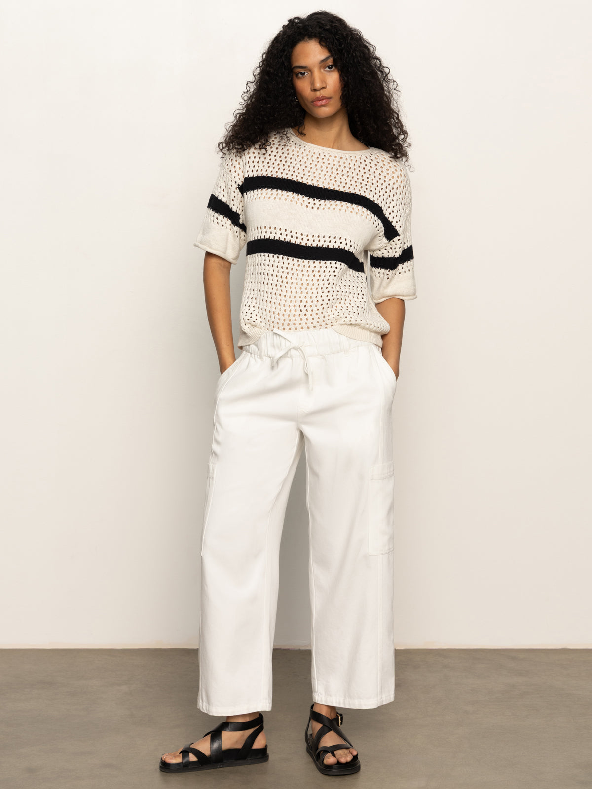 Breathable Openwork Tee with Black Chalk Stripe - Stylish Summer Top for Casual Outings & Beach Vacations