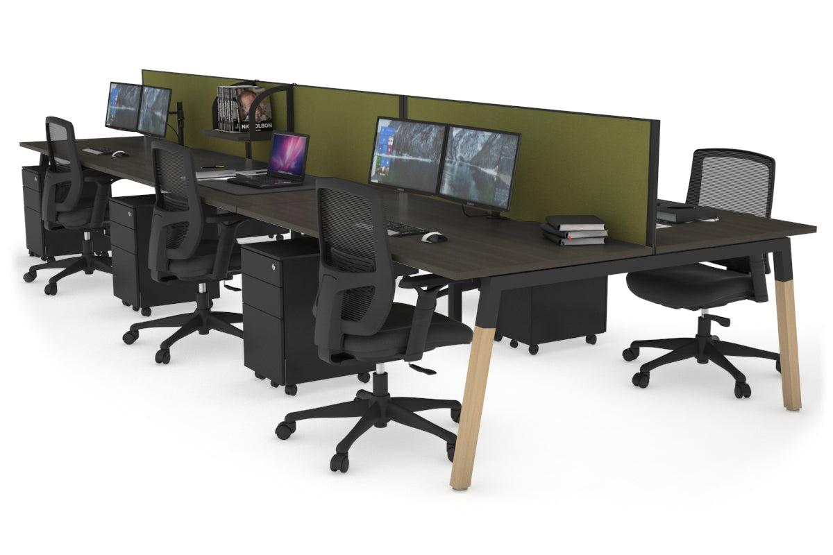 6-Person Quadro A Legs Office Workstation with Wood Legs & Cross Beam - 1600L x 800W with Cable Scallop - Perfect for Open Office Layouts & Collaborative Workspaces