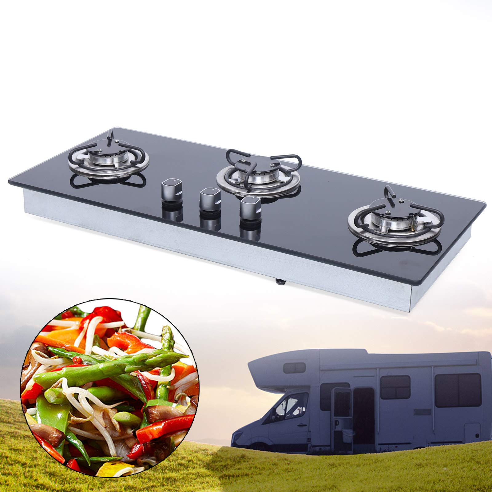 3 Burner LPG Gas Stove Hob - Black Tempered Glass RV Stove with 3D Air Intake Structure & Knob Control for RV, Boat, Caravan, Camper (Square) | Perfect for Outdoor Cooking, Camping Trips & Mobile Living