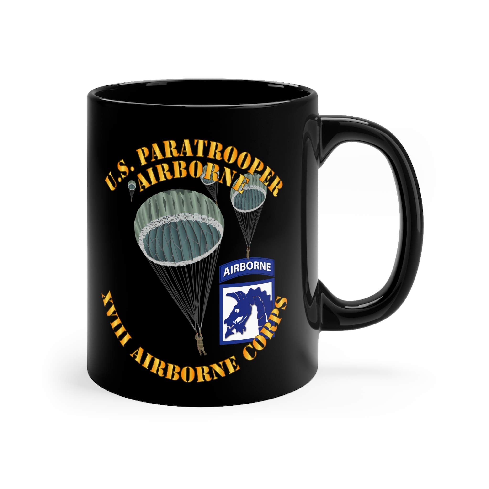 11oz Black Coffee Mug - US Army Paratrooper & XVIII Airborne Corps Design - Durable Ceramic Cup for Office, Home, or Military Gifts - Perfect for Coffee, Tea, or Hot Chocolate