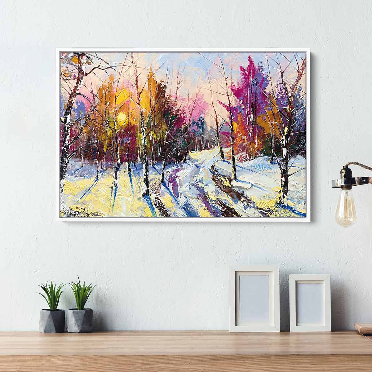 White Sunset in Winter Wood Wall Art Canvas - 1785 - Handmade Nature Landscape Painting for Living Room, Bedroom & Office Decor