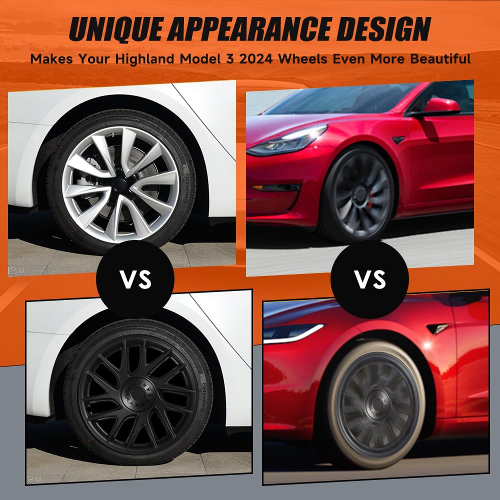Tesla Model 3 Wheel Covers 18 Inch (2024 Highland) - 4PC Hub Caps for Tesla Model 3 Accessories, ABS Plastic OEM Style Replacement Rim Covers - Asymmetrical Whirlwind Black Design | Perfect for Winter Protection & Enhanced Vehicle Appearance