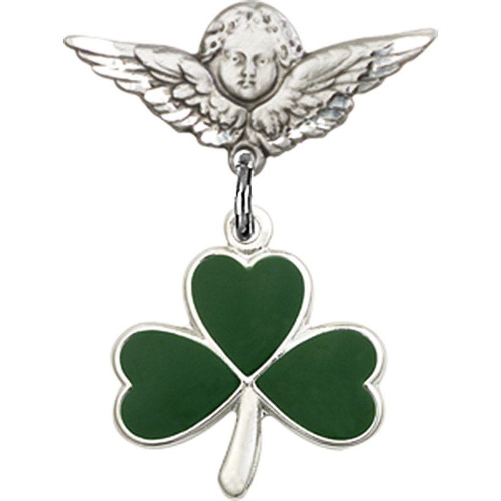 1 X 3/4 Inch Sterling Silver Baby Badge with Shamrock Charm & Angel Wing Pin - Perfect for Christenings, Baby Showers & Irish-Themed Gifts