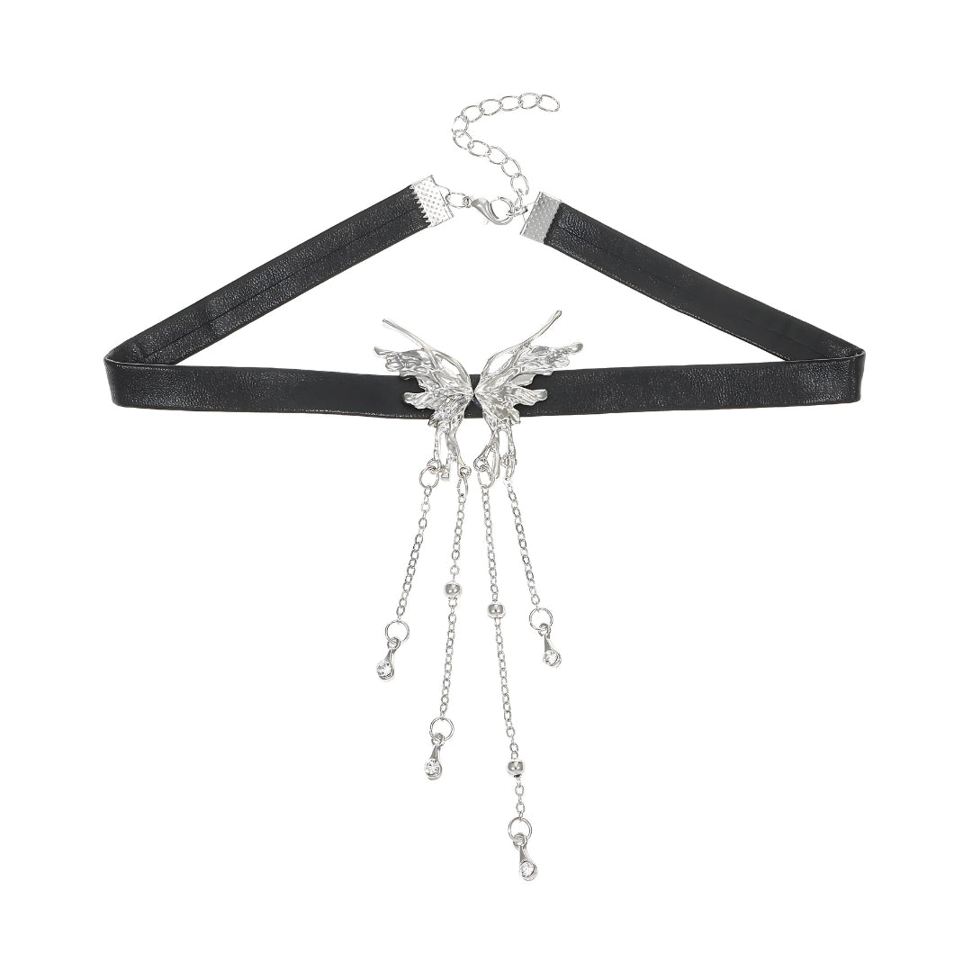 Elegant Black Leather Butterfly Tassel Choker Necklace for Women | Gothic Punk Fashion Accessory | Perfect for Parties, Concerts & Date Nights | HN3540