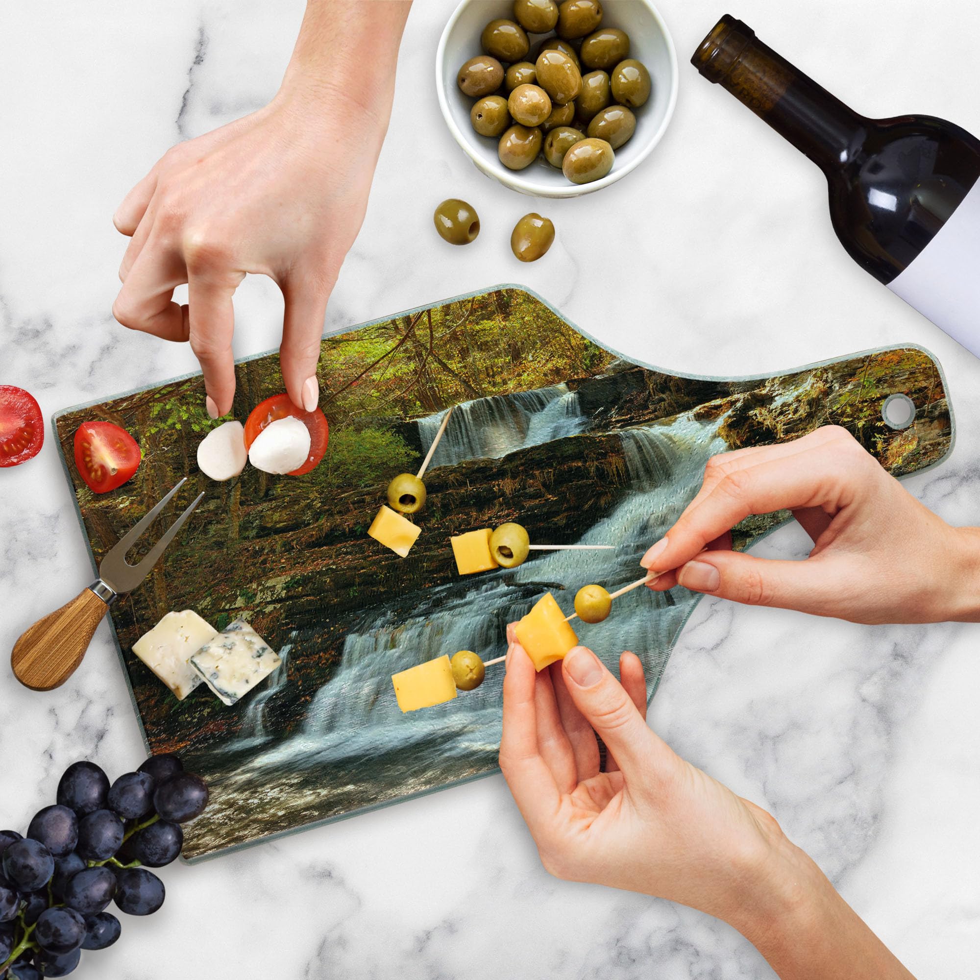 Ambesonne USA Wine Bottle Shaped Cutting Board - Delaware Water Gap Autumn Forest Scenery - Tempered Glass Serving Board for Kitchen & Dining - Brown Green White Design - Perfect for Entertaining, Charcuterie & Wine Pairing