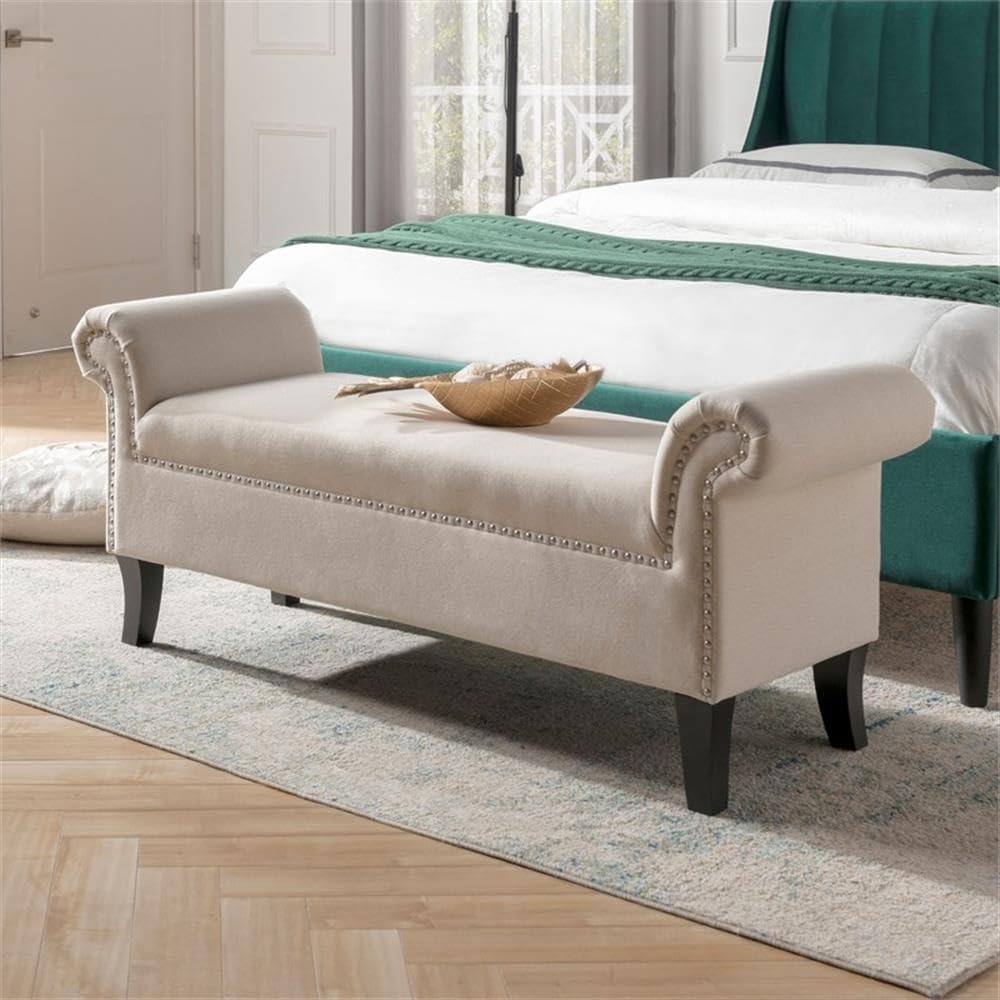 MAKLAINE Modern Roll Arm Entryway Accent Bench in Sky Neutral - Stylish Upholstered Storage Bench for Hallway, Living Room & Bedroom - Perfect for Small Space Decor & Extra Seating
