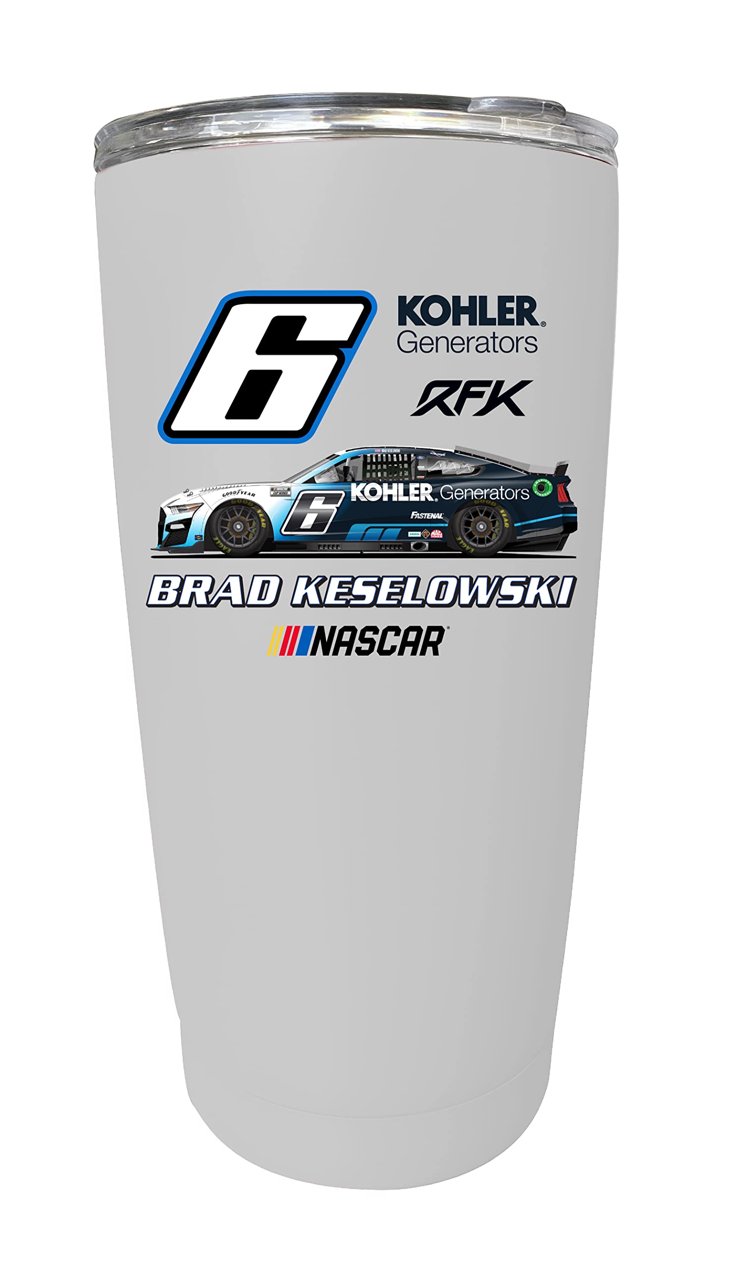 NASCAR #6 Brad Keselowski 16oz Stainless Steel Tumbler with Car Design - White Insulated Travel Mug for Coffee & Cold Drinks - Perfect for Race Day, Office & Outdoor Adventures
