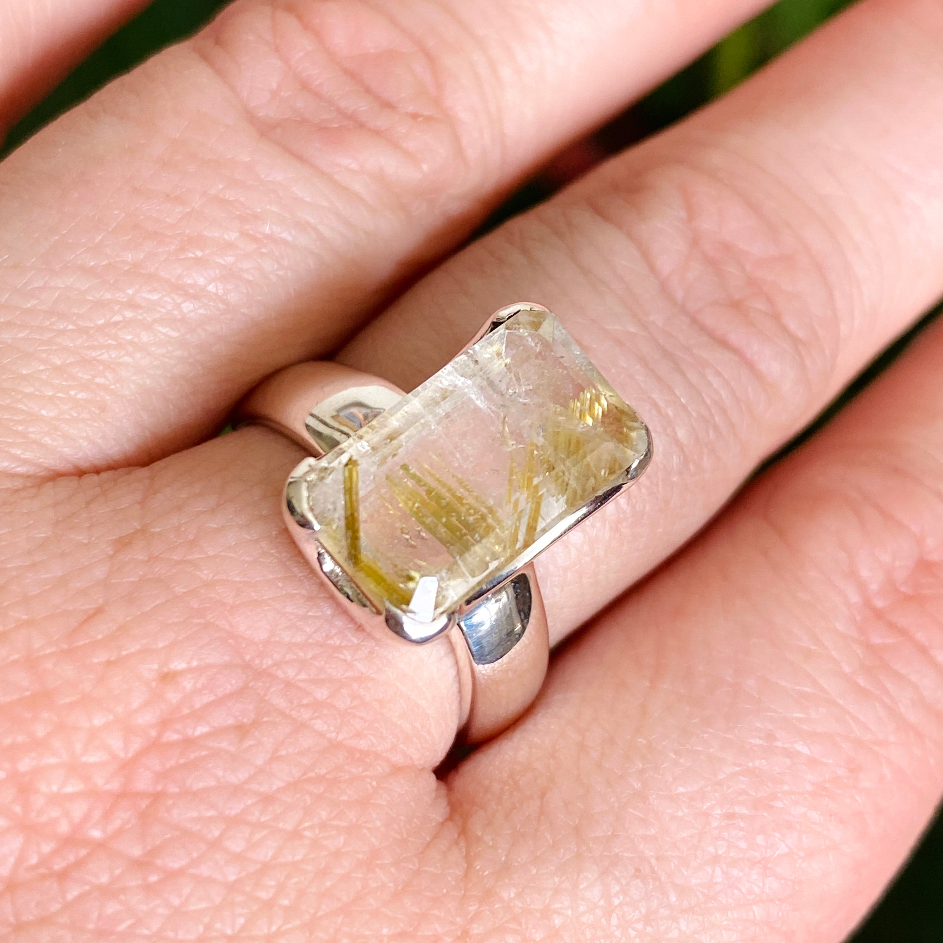 Rutilated Quartz Faceted Rectangular Ring Size 8 - Elegant Gold Jewelry for Women, Perfect for Weddings & Special Occasions