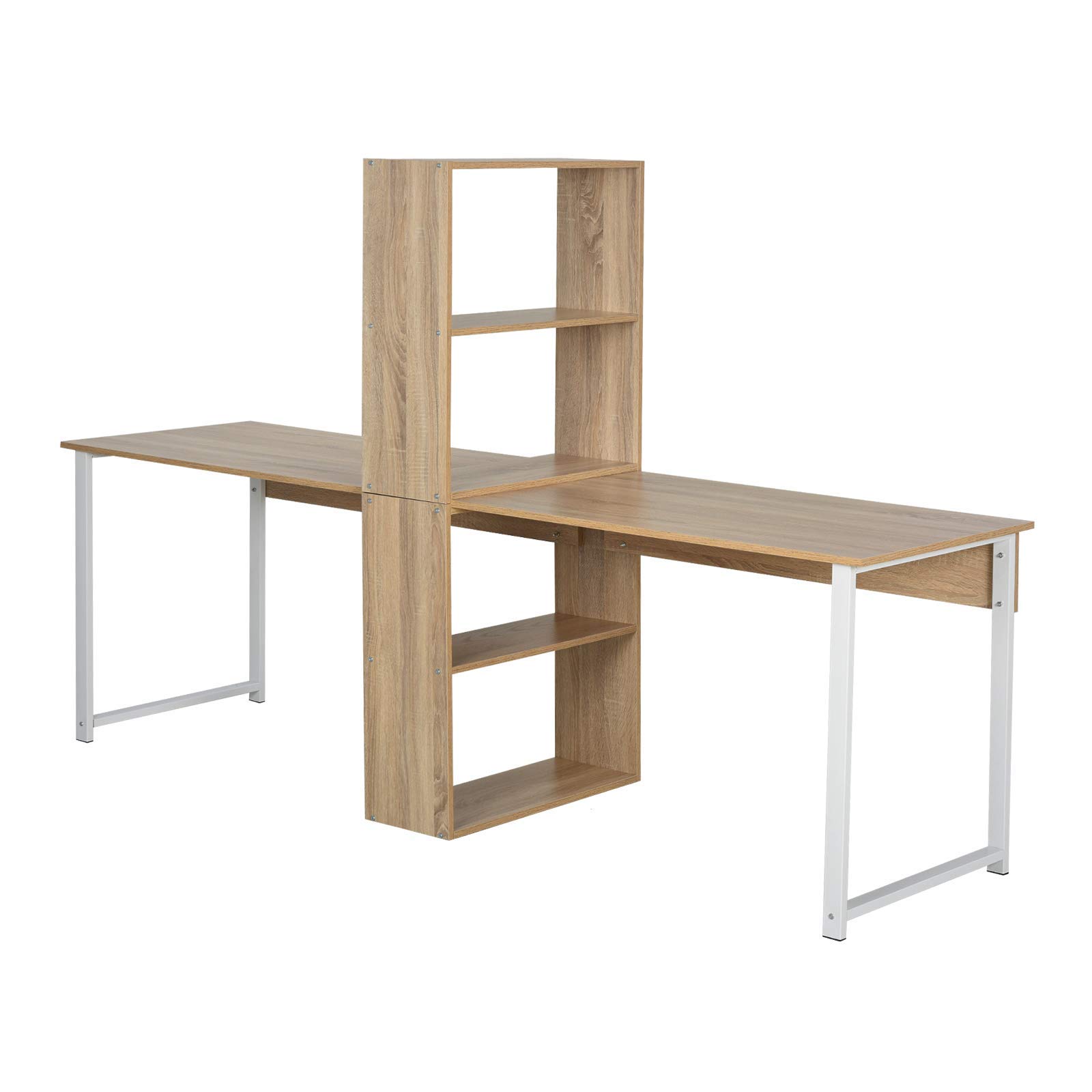 2-Person Computer Desk with Bookshelf - Sturdy Laptop Workstation with Large Tabletop & Ample Storage - Perfect for Home Office, Study Room or Bedroom - Ideal for Remote Work, Online Classes & Gaming Setup