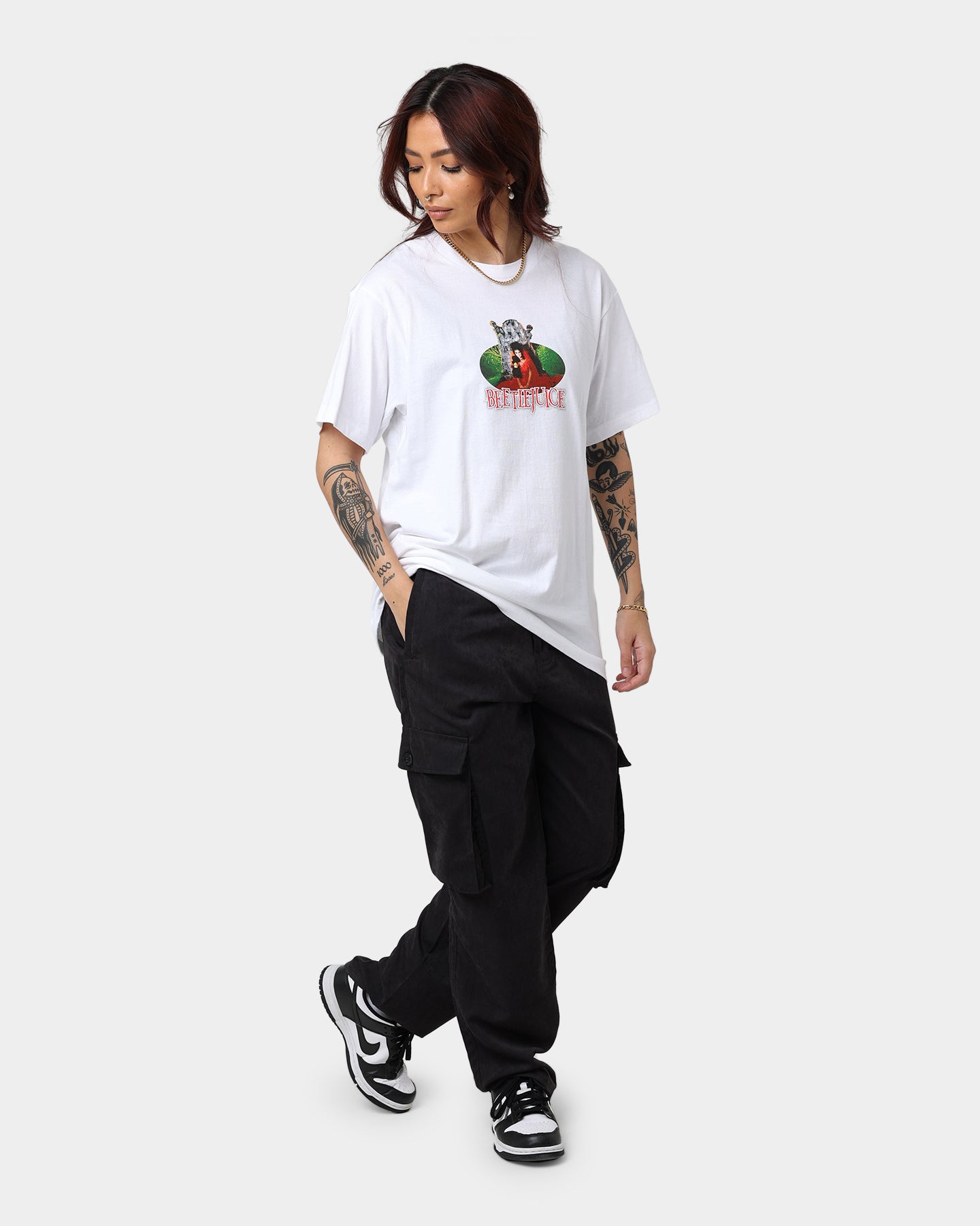 American Thrift X Beetlejuice Lydia Graphic T-Shirt - White Cotton Tee for Movie Fans & Halloween Costumes