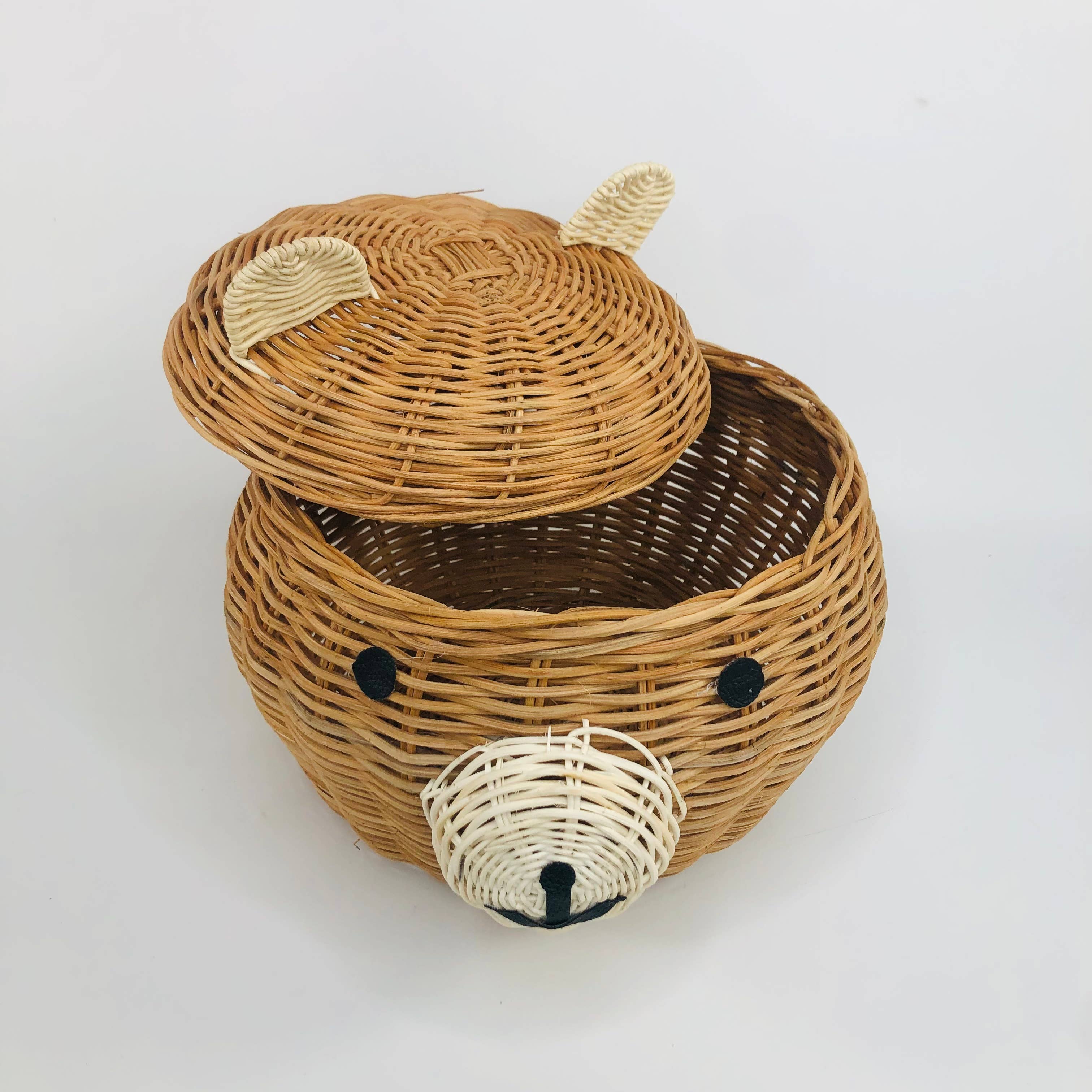 Natural Rattan Storage Basket with Lid - Bear Design Nursery Decor for Baby Clothes, Toys & Blankets | Perfect for Nursery, Playroom & Home Organization