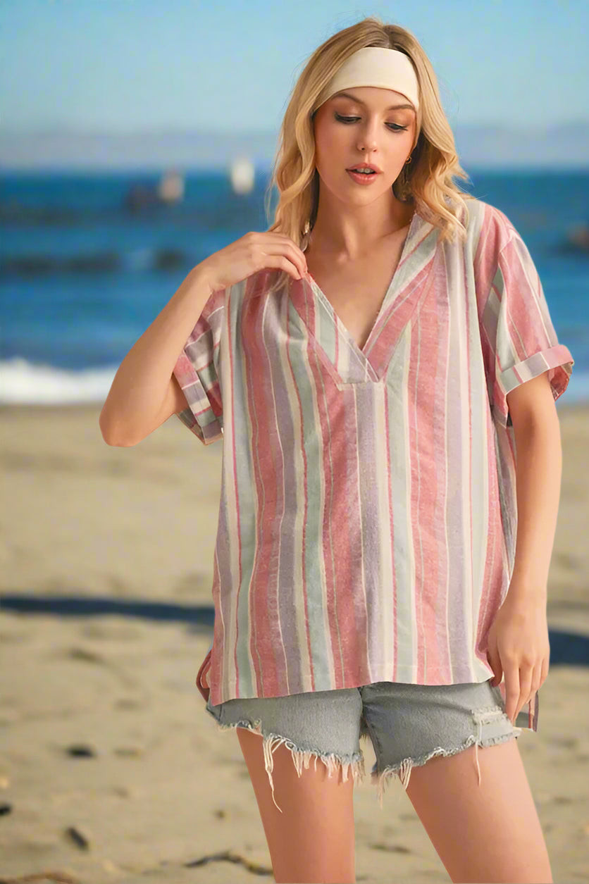 Trendy Pink Striped Short Sleeve Blouse with Side Slit - Perfect for Casual Outings, Office Wear & Summer Fashion