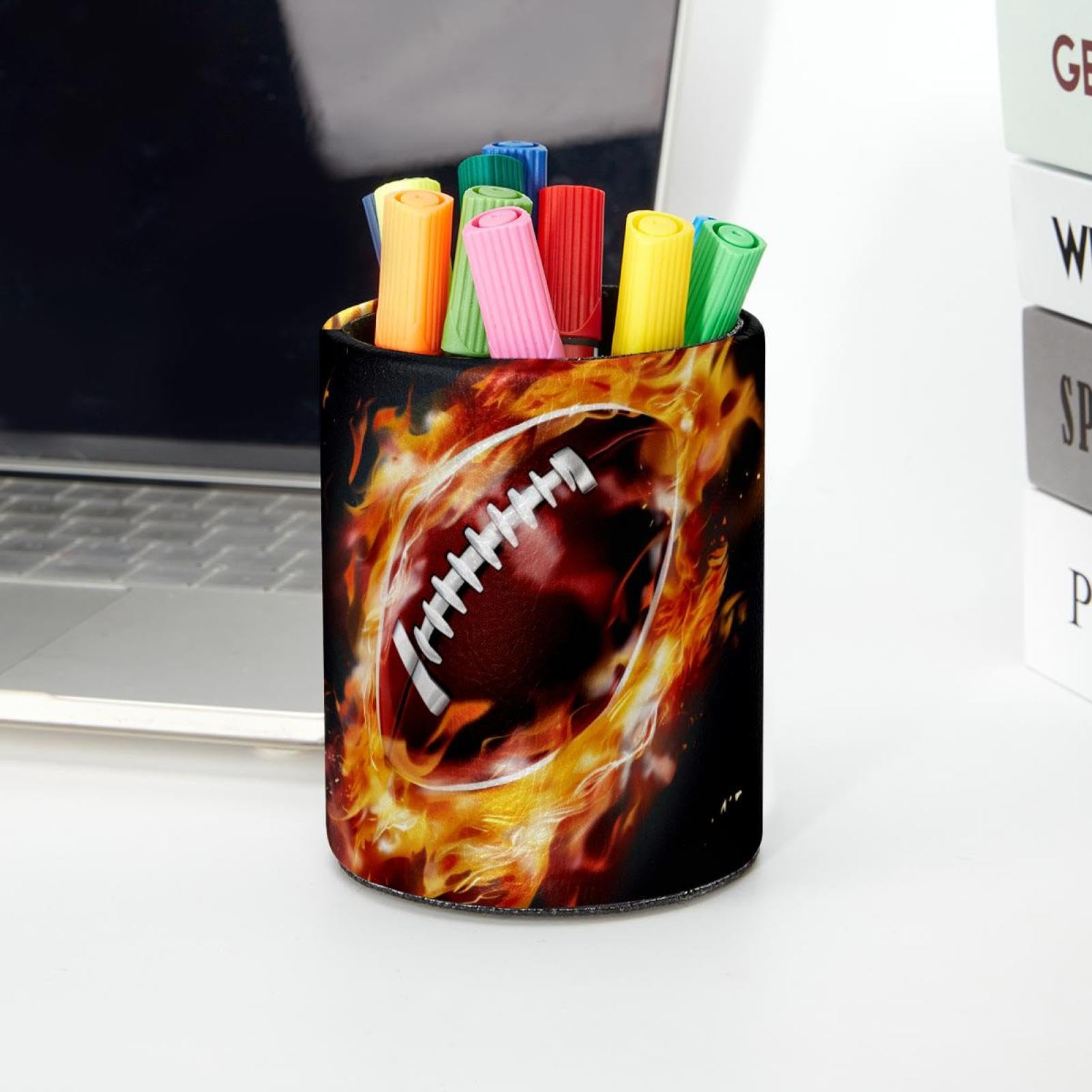 Premium Pen Holder for Desk - Stylish Pen Organizer with American Football & Fire Design - Perfect Desk Accessories for Office, Home & School Organization