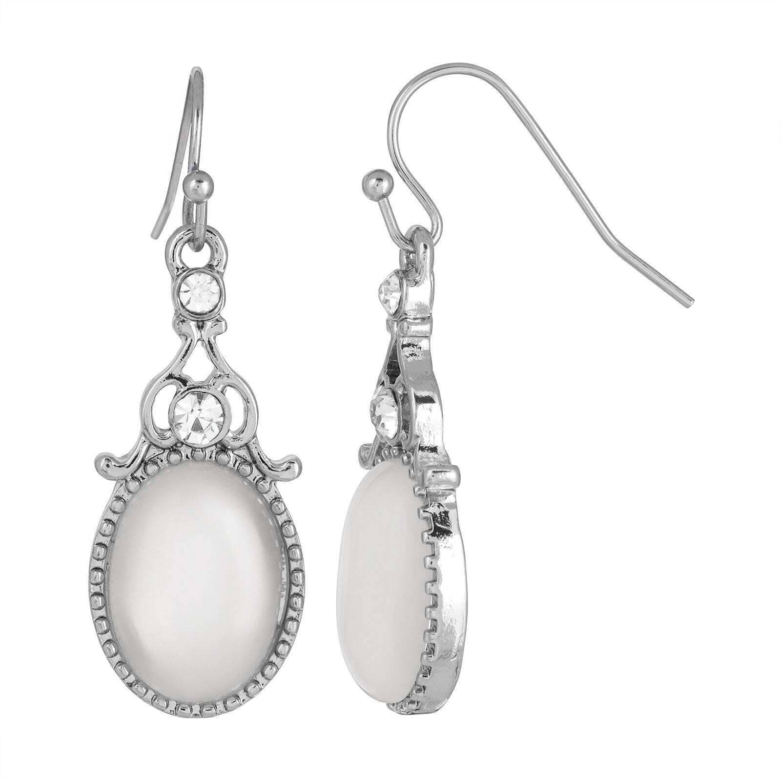 1928 Vintage Crystal and White Cat's Eye Oval Drop Earrings for Women - Elegant Dangle Earrings for Parties, Weddings, and Special Occasions