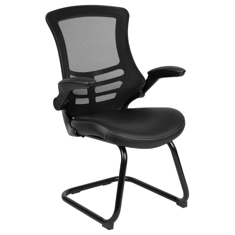 Kelista Black Mesh Sled Base Side Reception Chair - White Stitched LeatherSoft or Fabric Seat with Flip-Up Arms - Perfect for Office Waiting Areas, Lobby Seating, and Conference Rooms