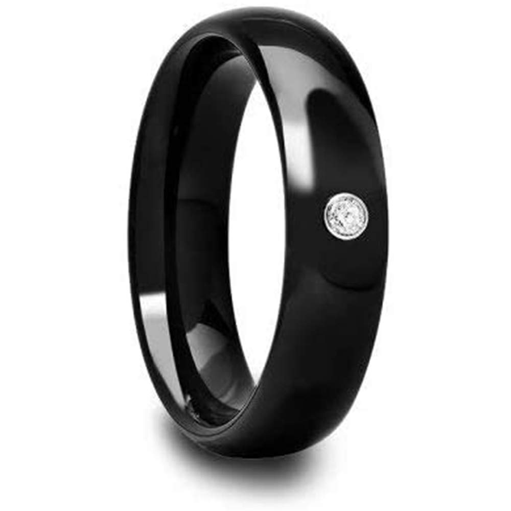 Men's Black Ceramic Dome Ring with Diamond - 6mm Wide Band, Hypoallergenic Wedding Band for Men, Perfect for Engagement, Anniversary & Everyday Wear