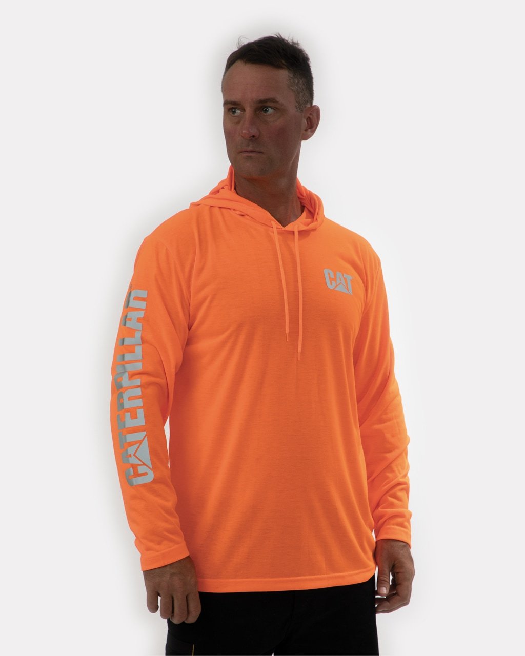 CAT Men's High Visibility UPF 50+ Hooded Long Sleeve Work Shirt - Reflective Safety Shirt for Construction, Road Work & Outdoor Jobs