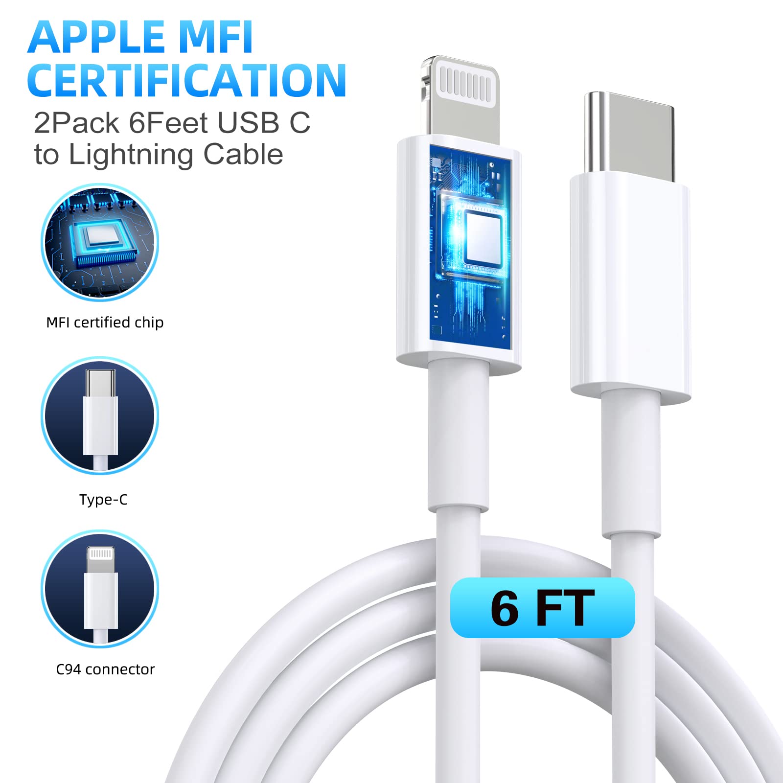 Apple MFi Certified Fast Charger 3-Pack with 6FT USB C to Lightning Cable - Super Fast Charging for iPhone 14 Pro Max/14 Plus/13 Mini/13/12/11/X/SE & AirPods - Perfect for Home, Office & Travel Charging