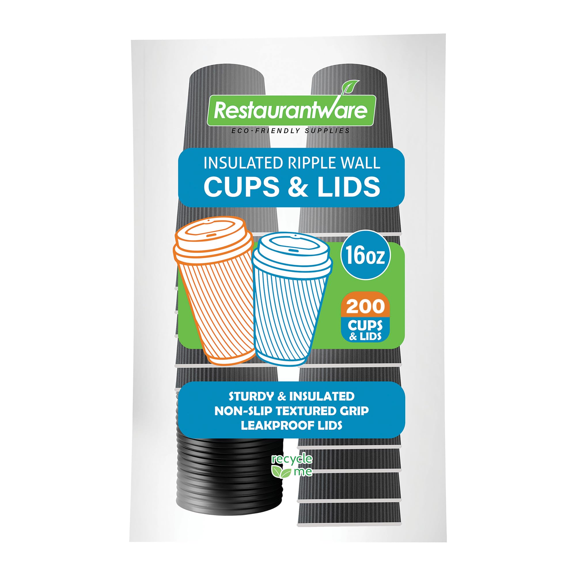 16oz Insulated Coffee Cups with Lids - 200 Pack Leakproof Ripple Wall Hot Cups | Disposable Gray Paper Cups for Coffee, Tea, Hot Cocoa & Lattes | Perfect for Cafes, Offices & Catering Events