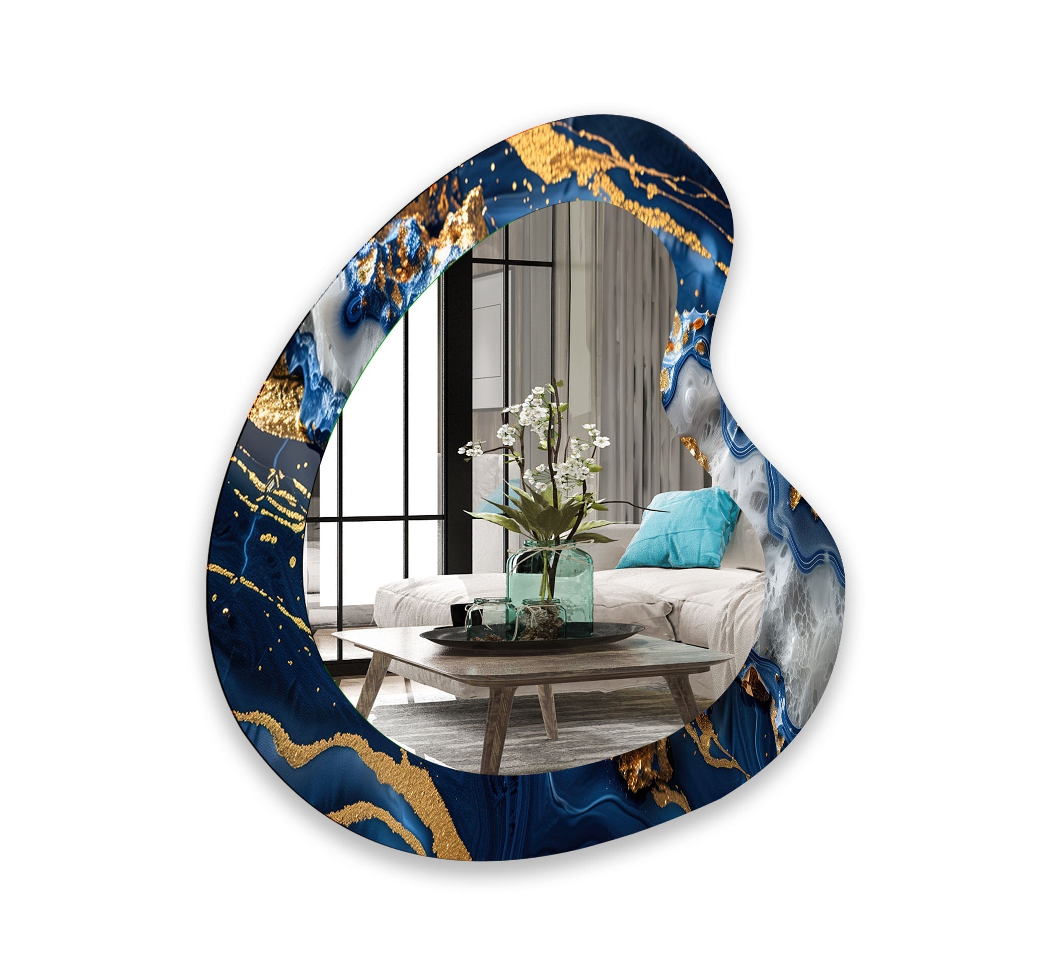 Blue & Gold Marble Irregular Wall Mirror - Modern Decorative Mirror for Living Room, Bedroom, Entryway | Unique Home Decor Accent Piece