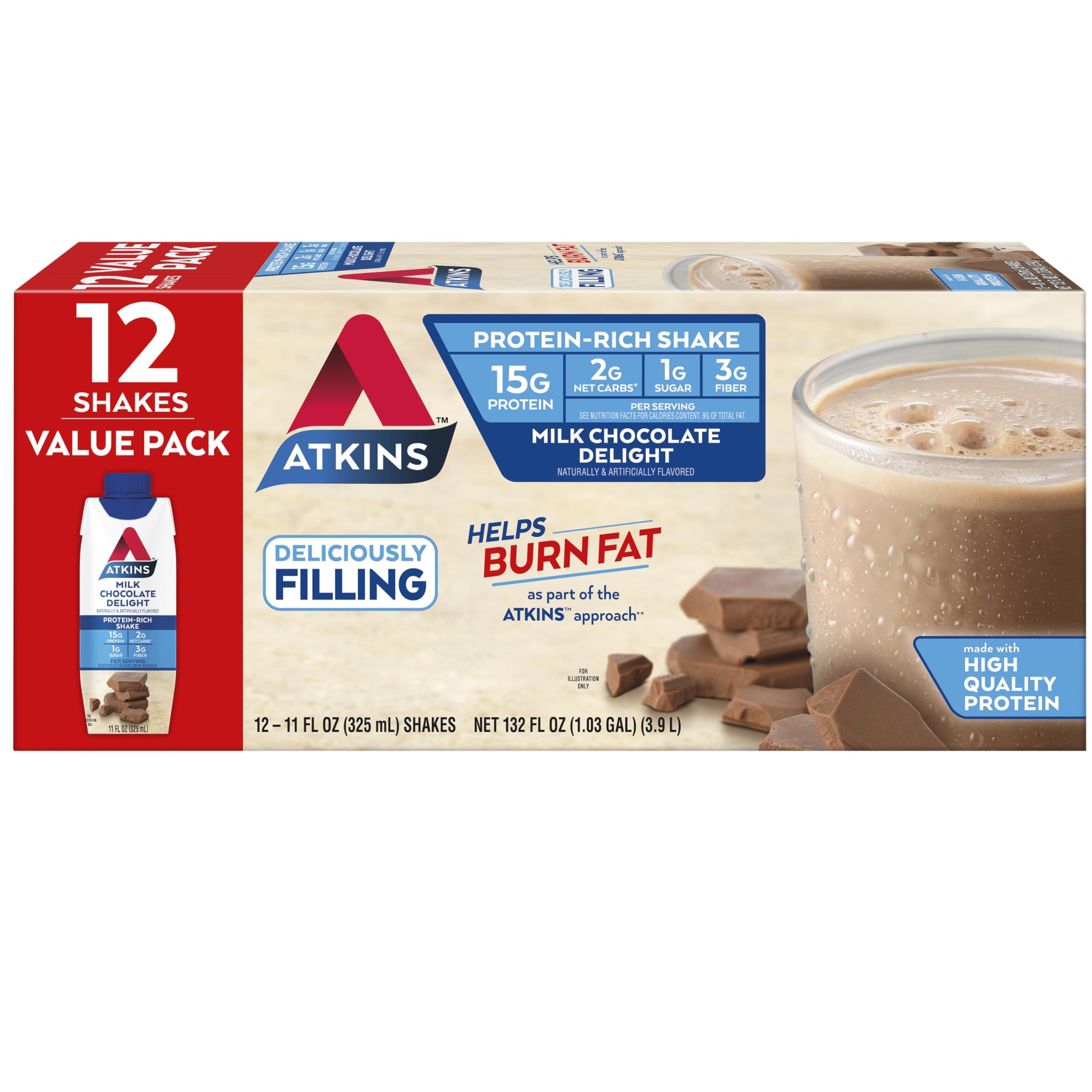 Atkins Milk Chocolate Delight Protein Shake - 15g Protein, Low Glycemic, Keto Friendly, 2g Net Carbs, 1g Sugar (Pack of 12) | Perfect for Post-Workout Recovery & Low-Carb Diet