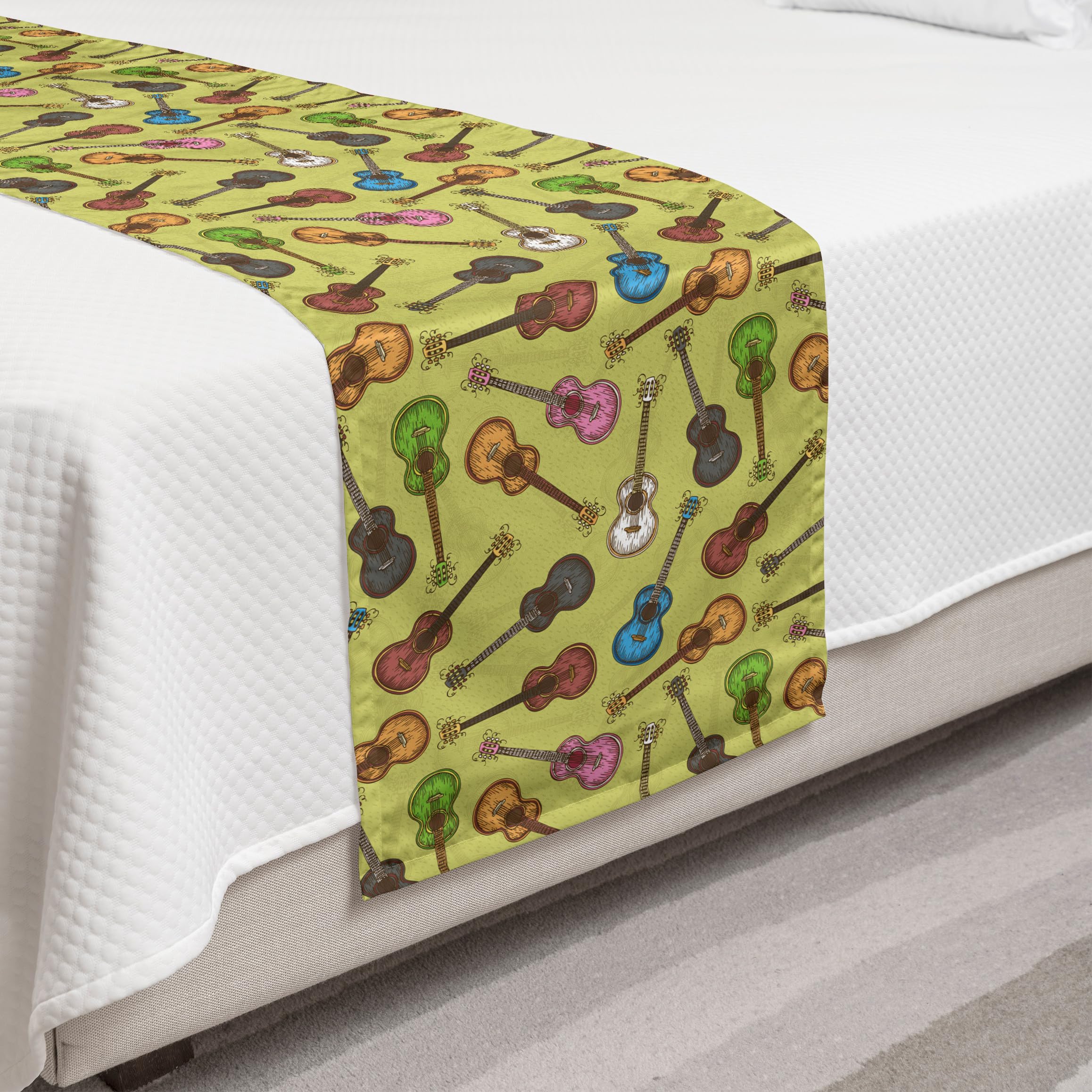 Ambesonne Guitar Bed Runner - Colorful Wooden Acoustic Guitar Design with Sketch Art Style & Swirled Strings - Decorative Bed Scarf for Twin Beds - Perfect for Hotels, Homes & Guest Rooms - Adds Musical Theme to Bedroom Decor