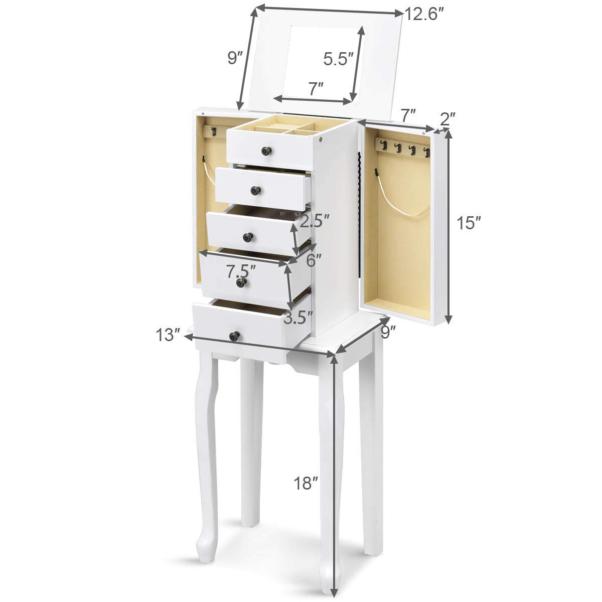 GOFLAME Wooden Jewelry Cabinet Armoire with Full-Length Mirror - 5 Drawers & 2 Doors Jewelry Storage Organizer, Large Standing Jewelry Box for Necklaces, Rings & Accessories - Perfect for Bedroom, Closet or Dressing Room (White)